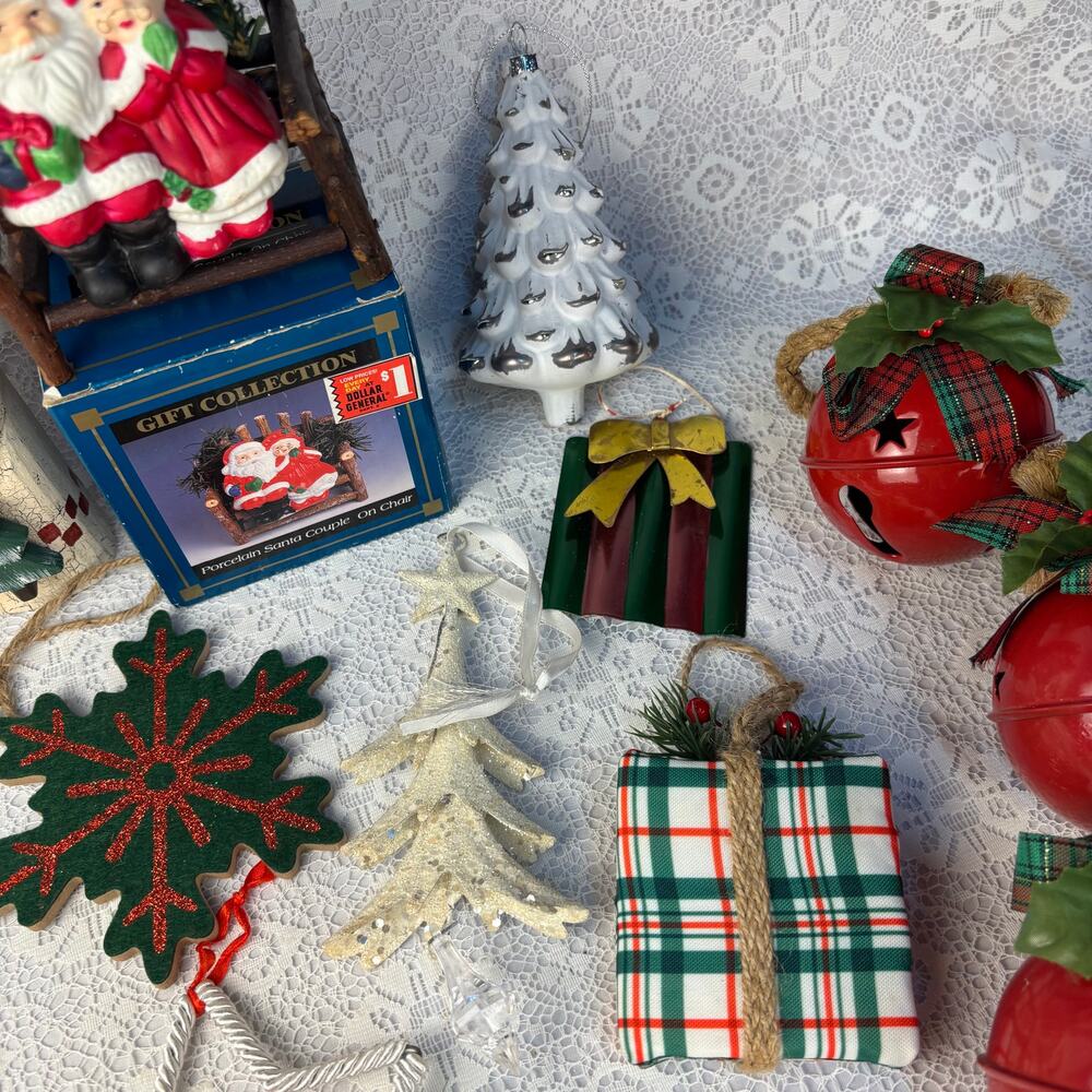 Rustic Christmas Ornament Lot Primitive Farmhouse Santa Jingle Bells Decor